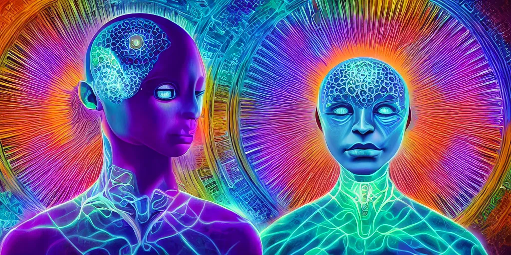 Image similar to trasnformation into transcendence into collaborative intelligence, endless collaboration with ai, connectedness, body, by alex grey, album cover, award winning, beautiful, colorful, volumetric lighting, trending on artstation, cinematic