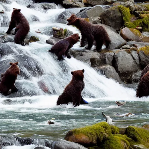 Image similar to hundreds of bears catching a salmon at the top of a small waterfall in alaska, national geographic photo, detailed 4 k