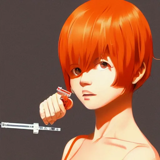 Prompt: an orange tabby gets a shot by a syringe by ilya kuvshinov katsuhiro otomo