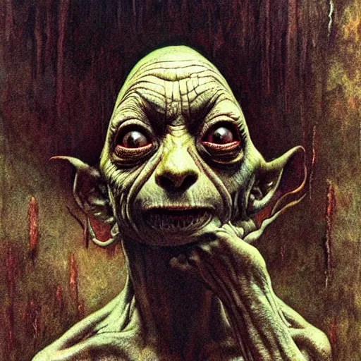 Image similar to gollum smeagol grotesque, ultra detailed, ultra realistic, by beksinski, alejandro jodorowsky