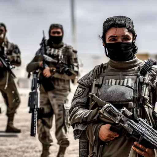 Prompt: Special Forces in grey uniform fighting in Libya in 2022, photo by Adam Ferguson, Pulitzer Winning, cinematic composition, breathtaking, modern, 2022