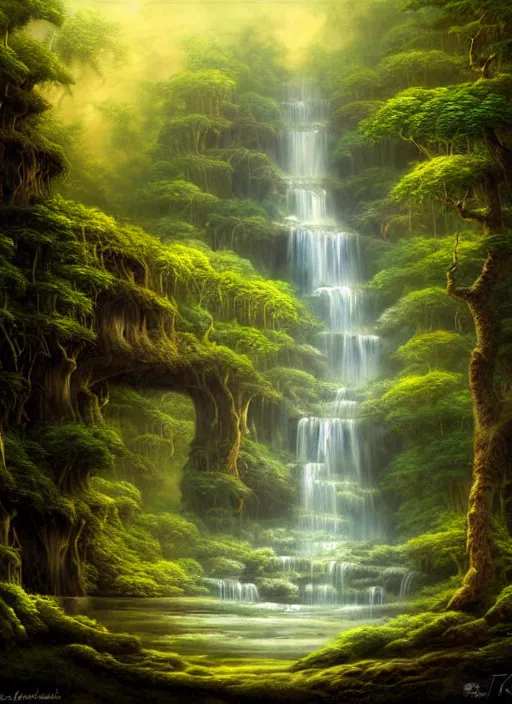 Image similar to a painting of a waterfall in a forest, a detailed matte painting by todd lockwood, deviantart, fantasy art, matte painting, matte drawing, airbrush art