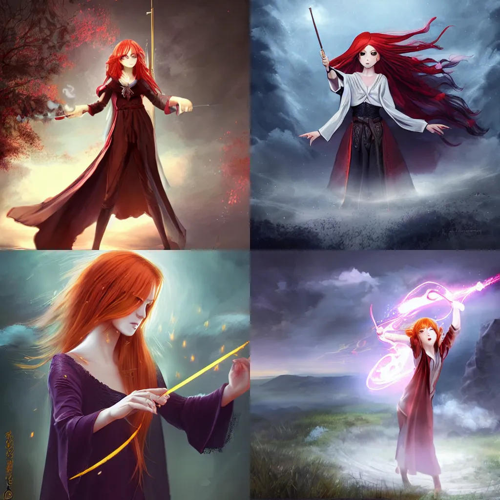 Prompt: A redheaded female sorceress with cotton robes, casting a magic spell and aiming at her target, standing at the top of a hill. Dark fantasy anime, digital painting by WLOP.