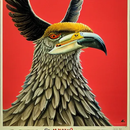 Image similar to a detailed and complex, highly detailed, concept art, soviet propaganda poster depicting a dromaius in military uniform. general emu. painting by irakli toidze,