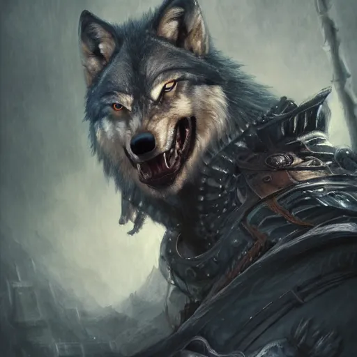 Image similar to Wolf, Anthropomorphized, as warlord general, magic the gathering artwork, D&D, fantasy, cinematic lighting, centered, symmetrical, highly detailed, digital painting, artstation, concept art, smooth, sharp focus, illustration, volumetric lighting, epic Composition, 8k, art by Akihiko Yoshida and Greg Rutkowski and Craig Mullins, heroic pose, oil painting, cgsociety, Battlefield background, explosions, arrows