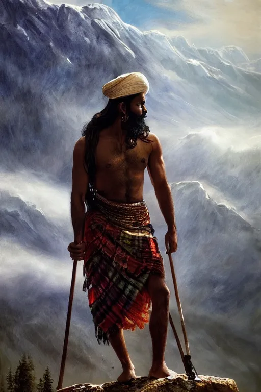 Prompt: a dramatic epic beautiful ethereal painting of a shirtless handsome desi man on a mountain path | he has a hairy chest and is wearing a plaid kilt and cowboy hat, and holding a walking stick | background is mountain peaks and clouds | dramatic lighting, golden hour, homoerotic, realistic, art nouveau | by mark maggiori | trending on artstation