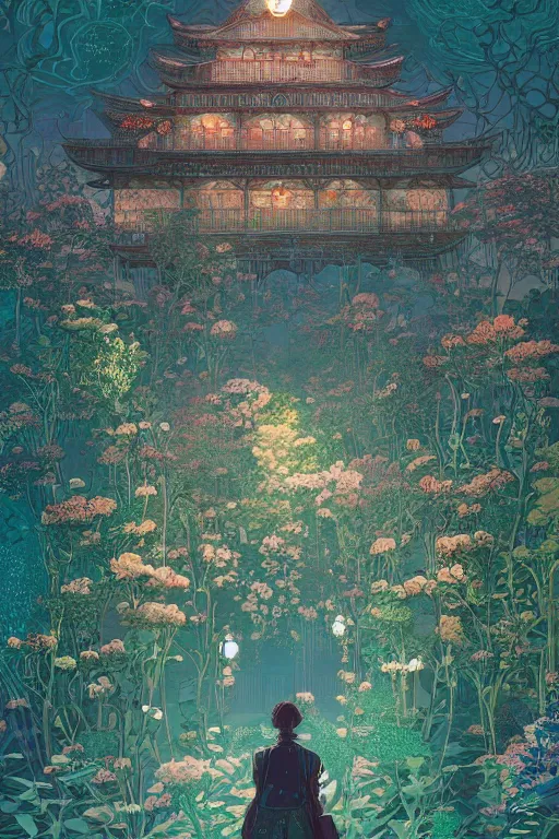 Image similar to a beautiful hyperdetailed matte illustration victo ngai style of absolutely beautiful blooming flower house alone, perfectly shaded, atmospheric lighting, style of studio ghibli, makoto shinkai, raphael lacoste, louis comfort tiffany, artgerm, james jean, ross tran, chinese style