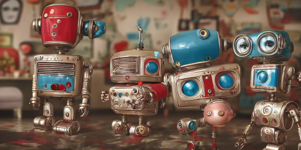 Image similar to closeup portrait of tin toy retro living room of robot family, depth of field, zeiss lens, detailed, centered, fashion photoshoot, by nicoletta ceccoli, mark ryden, lostfish, breathtaking, 8 k resolution, extremely detailed, beautiful, establishing shot, artistic, hyperrealistic, octane render, - h 8 0 4