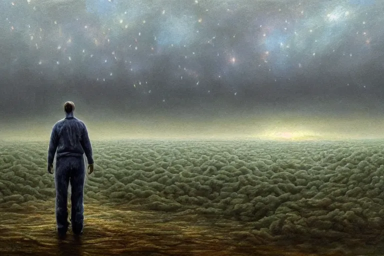 Image similar to Haunting horrifying hyperrealistic detailed painting of an ultrawide landscape showing a tall pale man sitting atop a mountain of humans in a foggy hellscape with spread out lakes of cerulean blue gelatinous liquid reflective and goop, eyeballs bulging, stars in the sky, a galaxy in the sky, dystopian feel, heavy metal, disgusting, creepy, unsettling, in the style of Michael Whelan and Zdzisław Beksiński, lovecraftian, hyper detailed, trending on Artstation