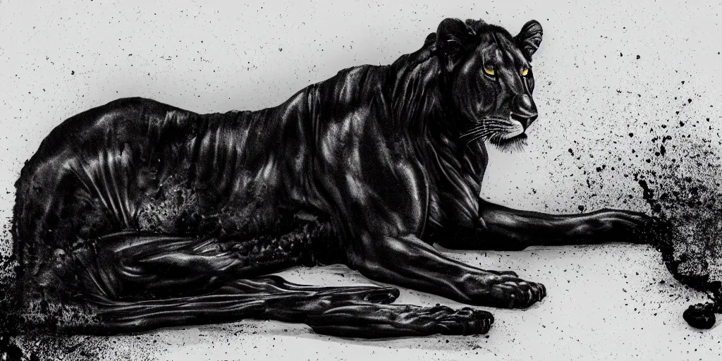 Image similar to a black lioness, made of ferrofluid, viscous, sticky, full of ferrofluid, laying on the white couch, covered with black goo. photography, dslr, realism, animal drawing, color, rim - light, wrinkles, reflections, wildlife photography, ferrofluid