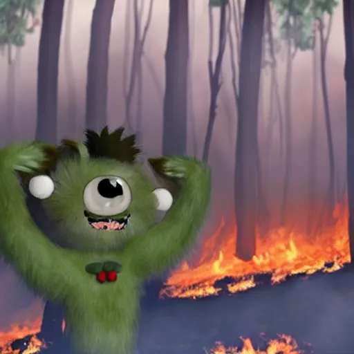 Image similar to a cute furry monster looking at a forest fire