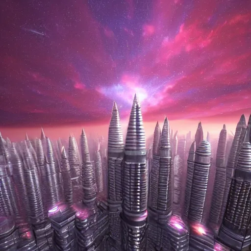 Prompt: surrounded by fumes, spaceships raced through the beautiful red sky, above the metallic remains of ancient times. rising above the dark grounds, gigantic, enlightened buildings stood, like hundreds of needles piercing the sky. those overwhelming skyscrapers seemed almost able to reach the stars as if trying to reveal the immensity of this unknown universe, blender render,