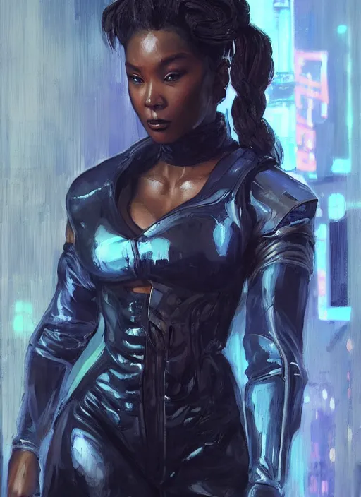 Image similar to black chun li. cyberpunk cop in tactical gear. plastic raincoat. blade runner 2 0 4 9 concept painting. epic painting by james gurney, azamat khairov, and alphonso mucha. artstationhq. painting with vivid color. ( rb 6 s, cyberpunk 2 0 7 7 )