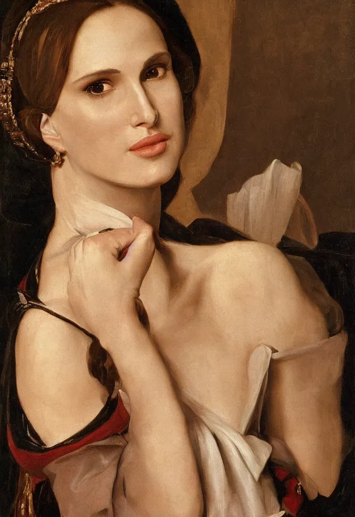 Image similar to a portrait of a Natalie Portman , beautiful clothes, oil painting in a renaissance style , very detailed, painted by Caravaggio.