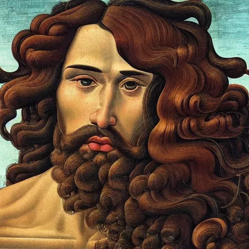 Prompt: a Greek man with long brown hair, Sandro Botticelli