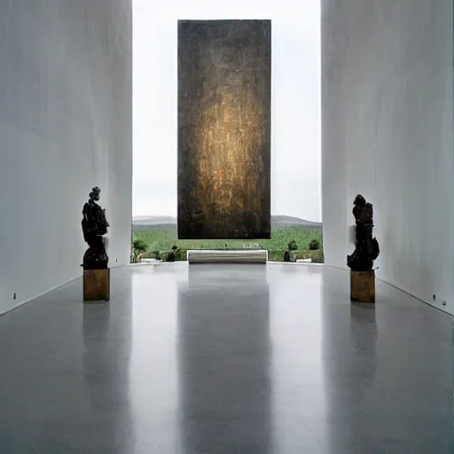 Image similar to giant Italian modern castle living room, clean minimalist design, that is 1300 feet tall, with very tall giant walls filled with modern art paintings, doors that are cosmic portals, giant modern stainless steel sculpture by Ken Kelleher, photo by Annie Leibovitz