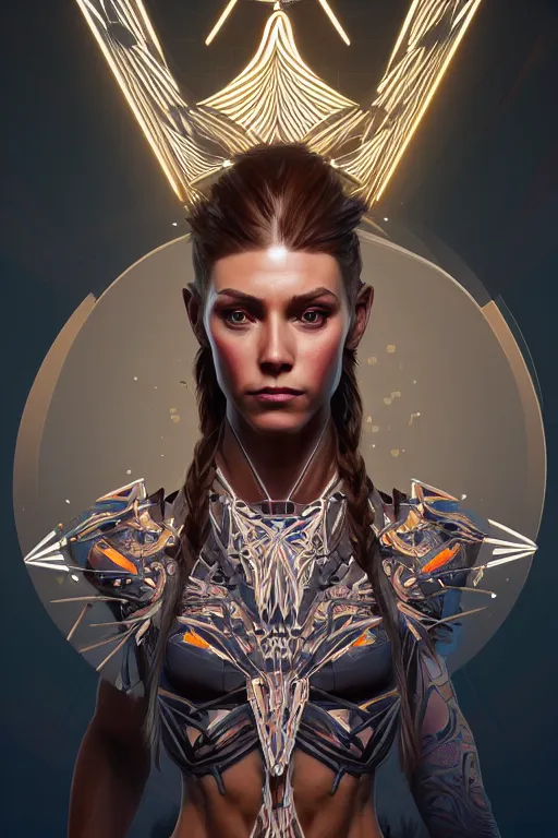 Image similar to symmetry!! portrait of amazing body fitness instructor in the style of horizon zero dawn, machine parts embedded into face, intricate, elegant, highly detailed, digital painting, artstation, concept art, smooth, sharp focus, illustration, art by artgerm and greg rutkowski and alphonse mucha, 8 k