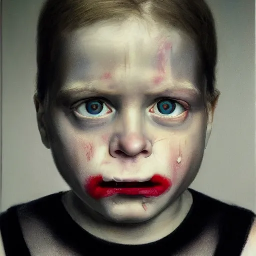 Image similar to high quality high detail painting by gottfried helnwein, hd, portrait of a psychopath, intense unsettling look in the eyes, photorealistic lighting