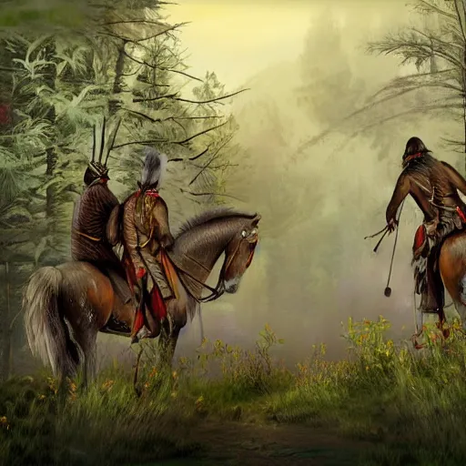 native americans hunting in the forest, realistic