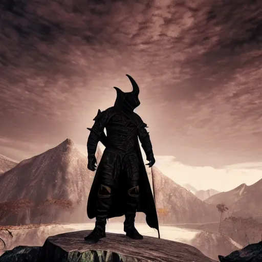 Image similar to a realistic full body of Konnor, a dragonborn, a black hood with black robes and a sword on his back, extremely realistic and detailed, standing in front of a mountain