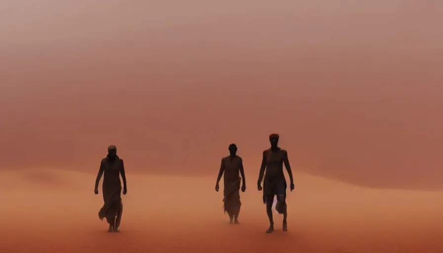 Prompt: desert people walk through the desert, dust storm, dunes, fine details, digital art, volumetric lighting, cinematic light, photorealistic, by greg rutkowski, by stephan koldi, 4 k,