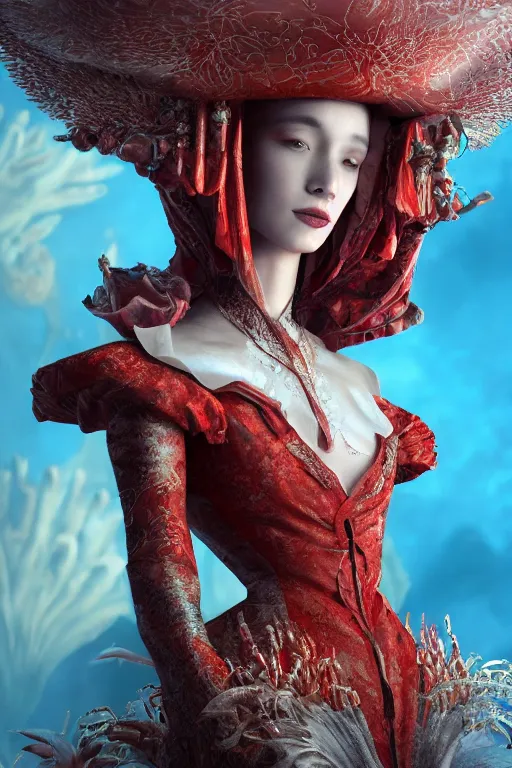 Prompt: extremely detailed movie shot closeup portrait of a beautiful empress girl, red fabric coat, smoke background by denis villenueve, yves tanguy, ernst haeckel, roger dean, amano, dynamic composition, rich moody colour, 8 k, uhd, zbrush, unreal engine