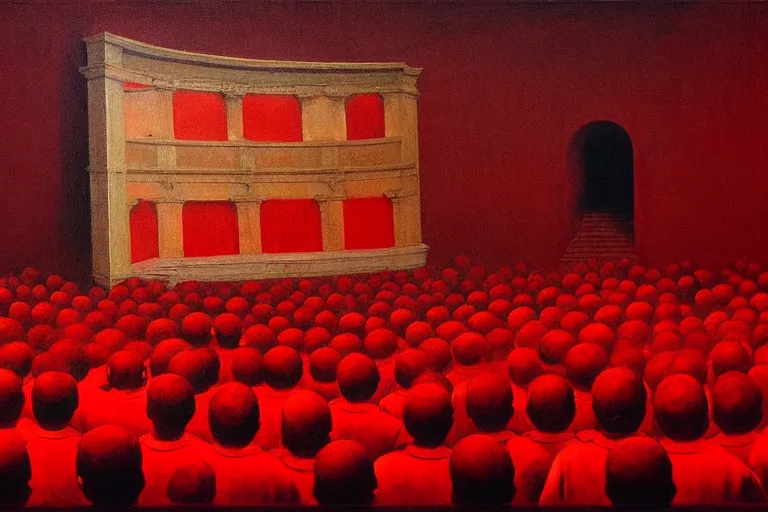 Image similar to only with red, crowd screaming, an exposed painting in a roman theater, in the style of beksinski, parts by edward hopper, parts by rodcenko, parts by yue minjun, intricate and epic composition, red by caravaggio, insanely quality, highly detailed, masterpiece, red light, artstation, 4 k