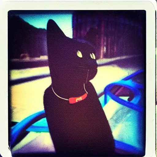 Prompt: black cat on a rollercoaster. the cat is enjoying the ride. sunlight. polaroid photo. saturated colors. selfie