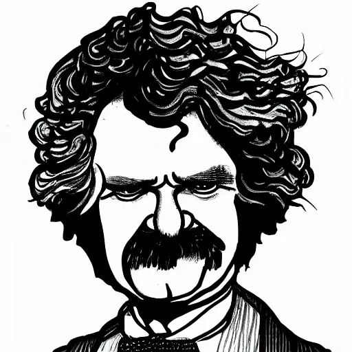 Prompt: caricature of mark twain, black and white line drawing