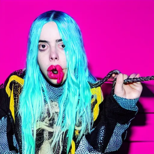 Prompt: billie eilish having mouth full of snakes