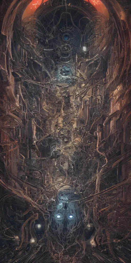 Prompt: the walls have eyes, scifi, futuristic, utopian, machine parts, body parts, wires, circuits, highly detailed, octane render, cinematic, ayami kojima, karol bak, greg hildebrandt, and mark brooks, symetrical, hauntingly surreal, gothic, highly detailed and intricate, rich deep colors.