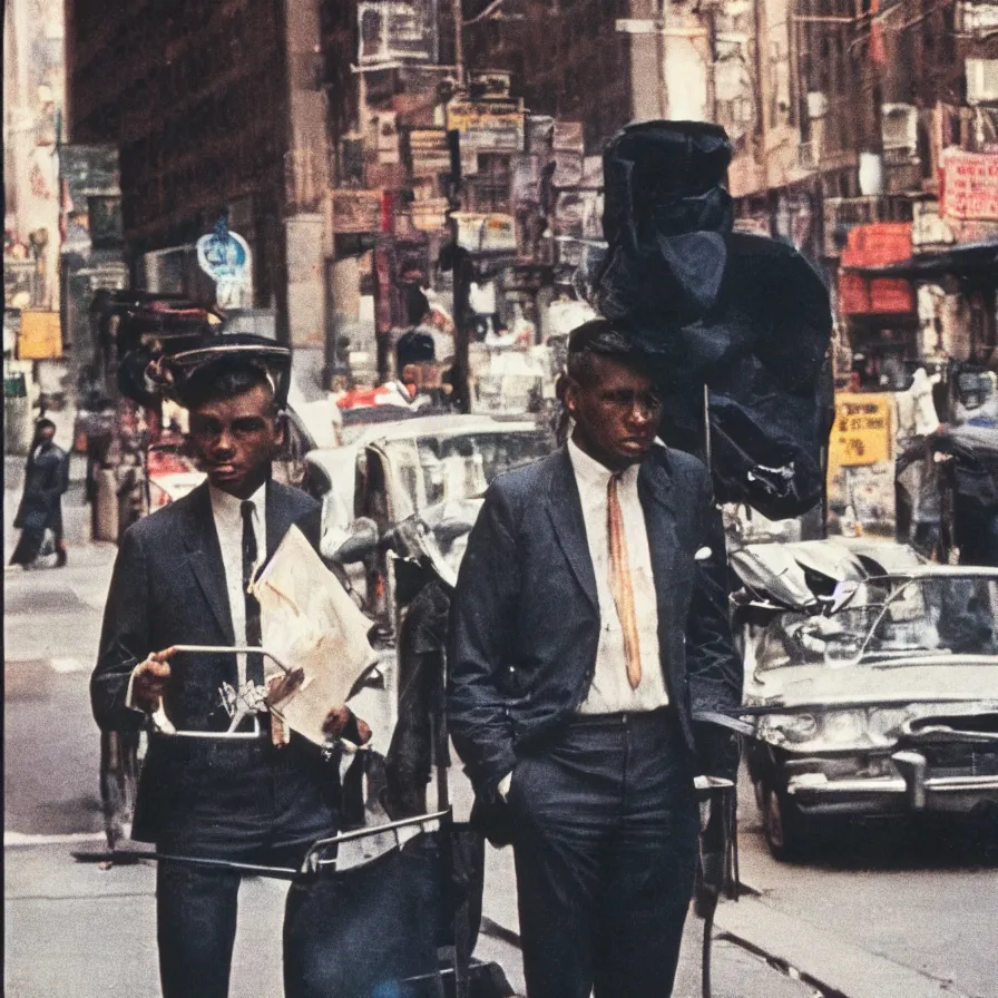 Image similar to portrait of a man in a suit in the streets of new york, 1 9 6 0 s, colour film street photography, photo taken with ektachrome, featured on flickr, photographed on damaged film