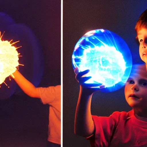 Image similar to film still of a boy playing with a plasma ball, 1990s, film still in the style of Steven Spielberg, wonder, awe, dramatic lighting, 8k, detailed