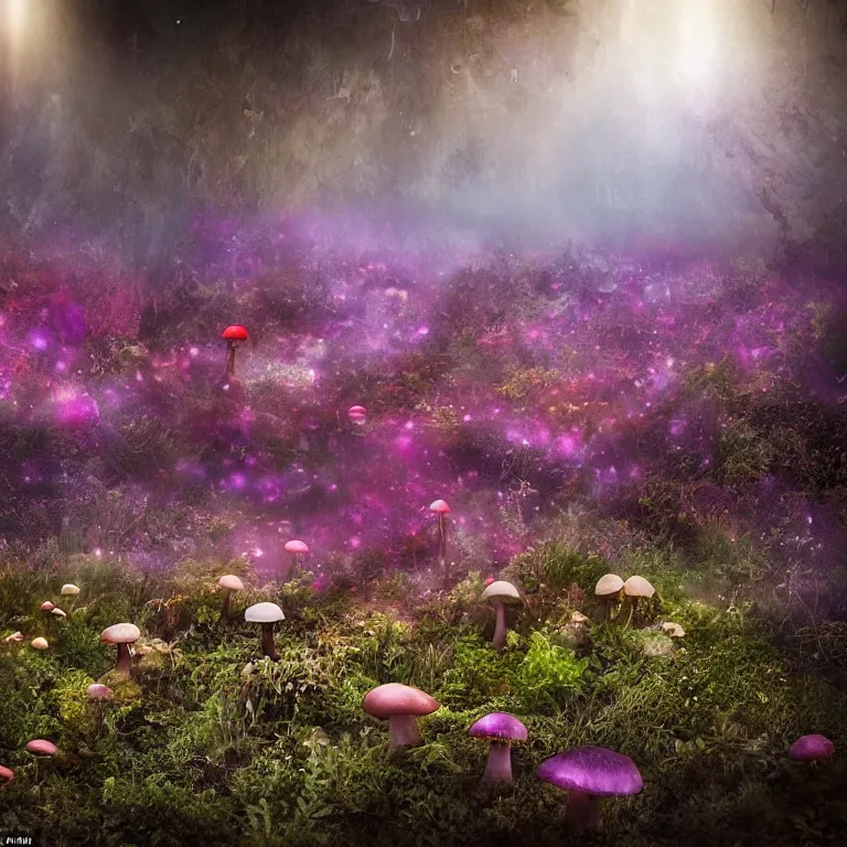 Image similar to a planet of various fungus, mushrooms, flowers and plants, inside the picture is infinity, Atmospheric, artistic photography, conceptual, long exposure outside the city, volumetric light