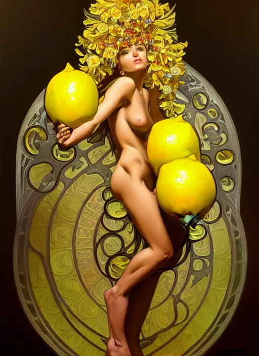 Prompt: oil painting of a lemon demon, intricate, elegant, highly detailed, lighting, painting, artstation, smooth, illustration, art by greg rutowski and alphonse mucha