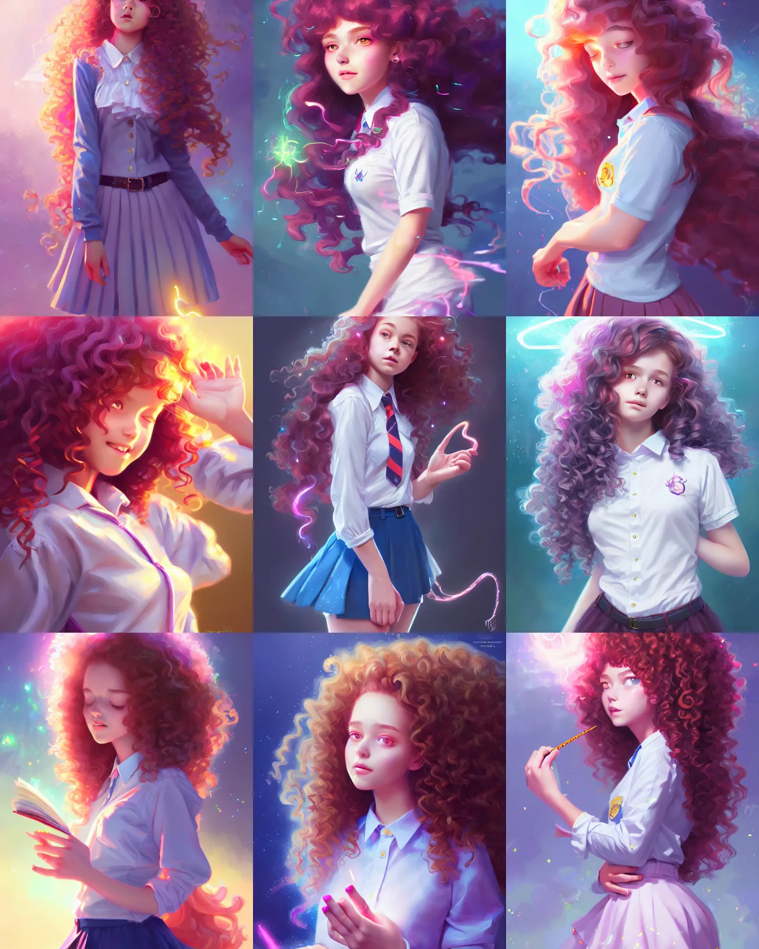 Prompt: innocent young teen girl, magical school student uniform, curly hair, casting a bright large-scale magical spell around herself, overflowing energy, highly detailed, digital painting, trending on artstation, pixiv, concept art, sharp focus, illustration, art by Ross Tran and WLOP