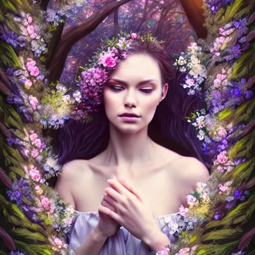 Image similar to a picture of a beautiful woman clothed in flowers and leaves standing in an enchanted forest, high fantasy, elegant, epic, detailed, intricate, digital painting, concept art, realistic detailed face, smooth, focus, rim light, detailed 8 5 mm f / 1. 4, anamorphic lens,