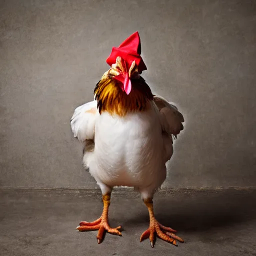 Image similar to chicken dressed as an inmate, real photography, police statiom