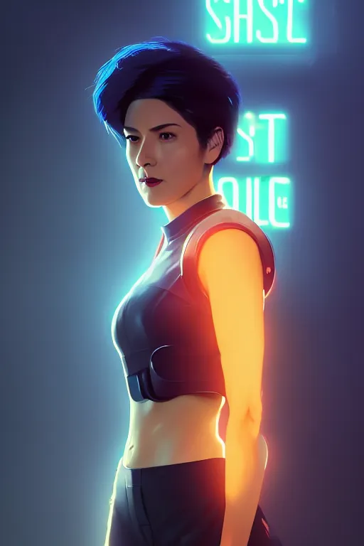 Prompt: 3 / 4 portrait, major mira killian from ghost in a shell, night, crop top, beautiful, in a modern city, neon signs, jewelry, artstation, william bouguereau, rossdraws, greg rutkowski, super detailed, realistic, octane render, volumetric, cinematic, 8 k