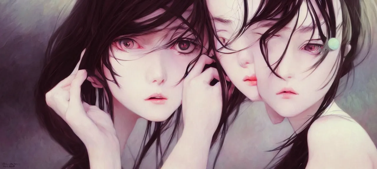 Image similar to a beautiful youth teenage depressed ocd psychotic popular girl in school struggling with morbid thoughts realized, angry eyes, soft skin, magnificent art by ilya kuvshinov, claude monet, range murata, artgerm, norman rockwell, highly detailed intricately sharp focus, bedroom eyes trending on pinterest, tiktok 4 k uhd image
