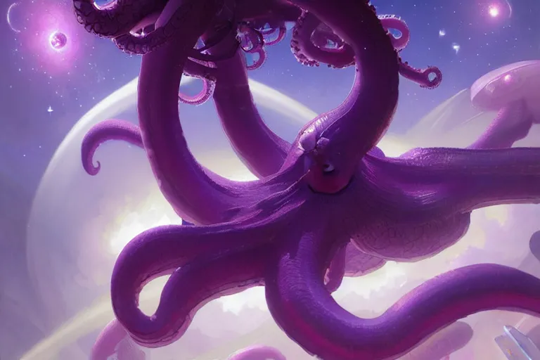 Prompt: Giant purple octopus attack in a space station, elegant, intricate, retrofuturistic digital painting, artstation, concept art, smooth, sharp focus, illustration, art by artgerm and greg rutkowski and alphonse mucha