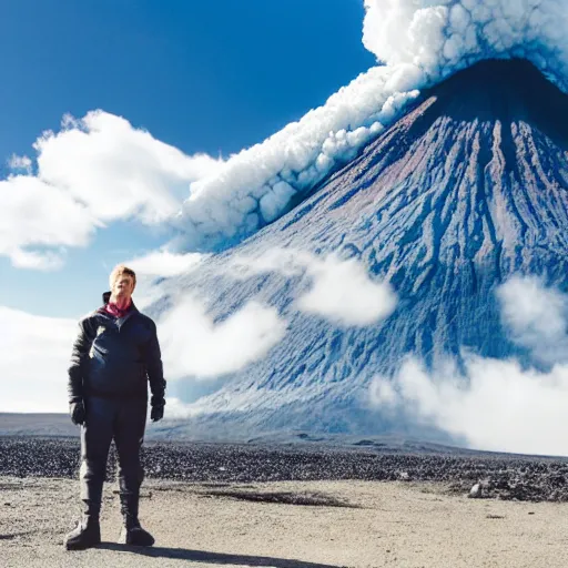 Image similar to mr freeze standing near a volcano, photography,