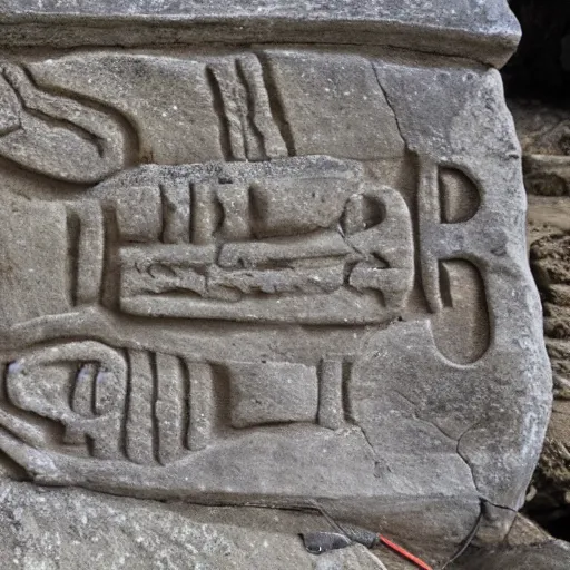 Image similar to detailed footage of european writing in stone in a river, photographic journalism, hunger stones, realistic, european river, carvings of drought and famine