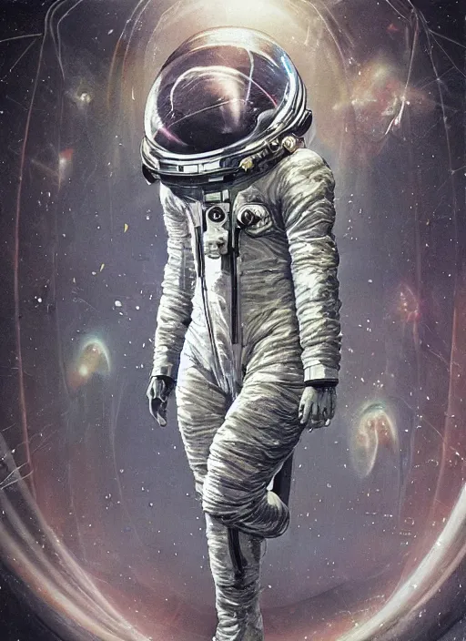 Image similar to astronaut in dark void underwater - complex and hyperdetailed technical suit design. reflection and dispersion materials. rays and dispersion of light. volumetric light. f / 3 2. noise film photo. flash photography. ultra realistic, 5 0 mm. poster by wayne barlowe, hajime sorayama aaron horkey, craig mullins