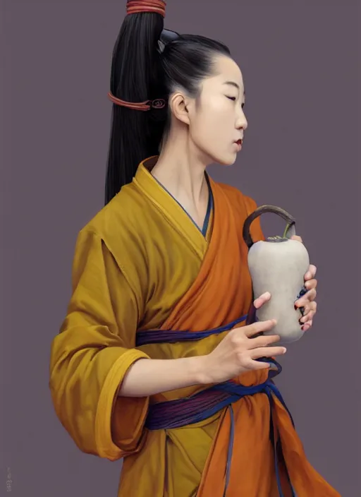 Prompt: full portrait of a female monk drinking from a wine gourd by wlop, wuxia, xianxia, drunken boxing, drunken fist, drunken master, weathered olive skin, athletic, playful, fully clothed, monk's robe, wine gourd, detailed, realistic, anatomically accurate, fantasy illustration, artstation, wlop.