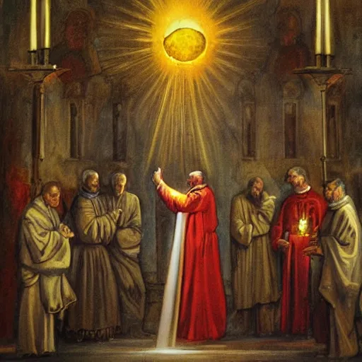 Image similar to a priest baptizing a cyborg in a vatican church wide - angle. holy light. painting.