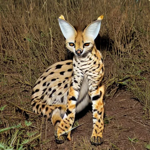 Image similar to photo of a serval with a torso that is extremely long and thin and twisted into a coil like a boa - constrictor. it is in a savanna. its tongue is a long forked snake - tongue. award - winning nature photography ; high - resolution.