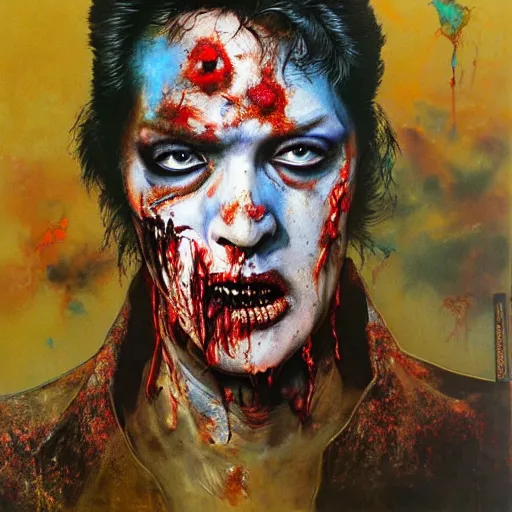 Image similar to UHD photorealistic Zombie Elvis, by Ayami Kojima, Amano, Karol Bak, Mark Brooks, tonalism, rich deep colors. Beksinski painting, art by Adrian Ghenie and Gerhard Richter. art by Takato Yamamoto. masterpiece