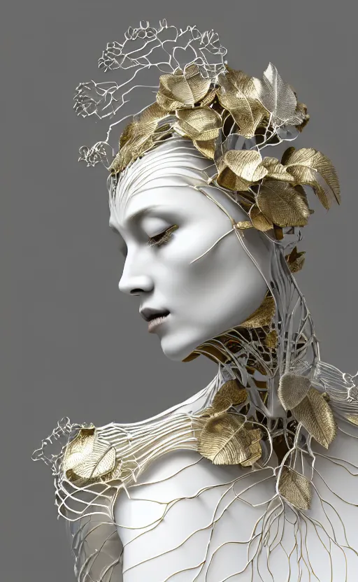 Prompt: complex 3d render of a beautiful porcelain profile woman face, vegetal dragon cyborg, 150 mm, beautiful natural soft light, rim light, silver gold details, magnolia leaves and stems, roots, fine lace, maze like, mandelbot fractal, anatomical, glass, facial muscles, cable wires, microchip, elegant, ultra detailed, white metallic armour, octane render, black and white, H.R. Giger style