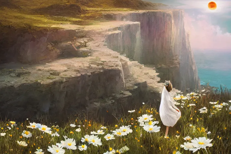 Image similar to giant white daisy flower on the head, girl standing on cliff, surreal photography, solar eclipse, milky way, dramatic light, impressionist painting, clouds, digital painting, artstation, james gilleard, liam wong, jeremy mann, simon stalenhag